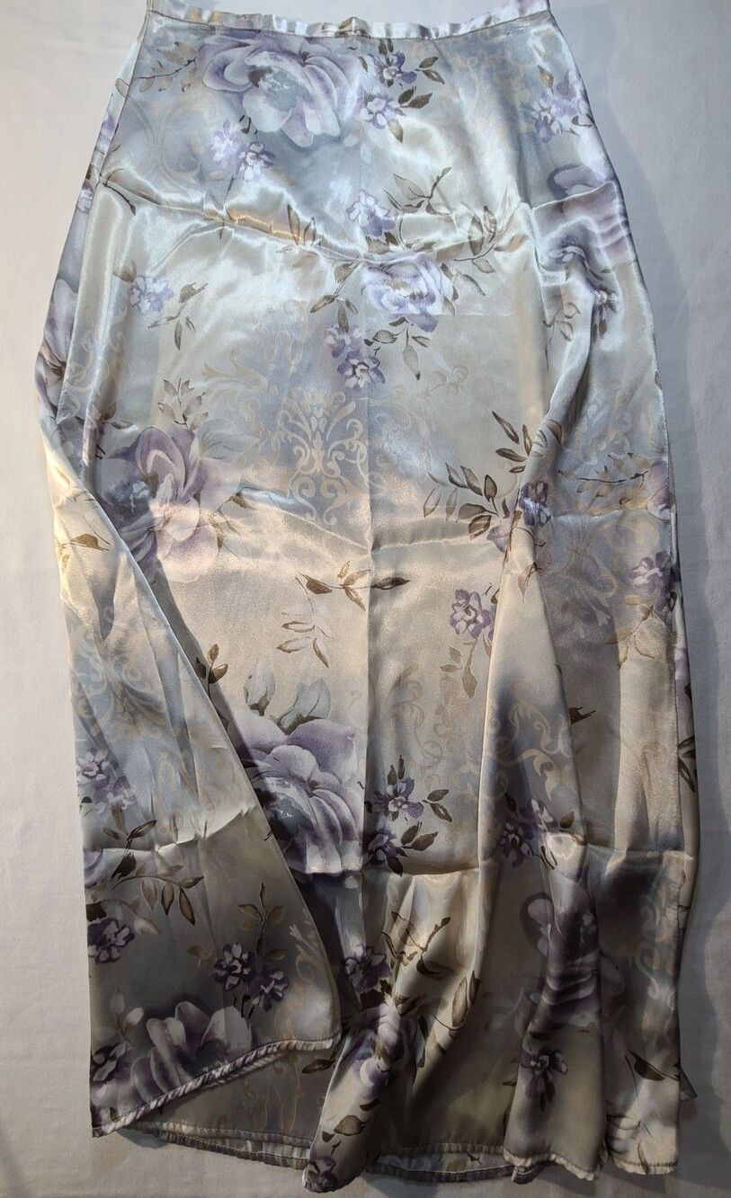 Kathie Lee Vintage Maxi Skirt 6 Gray Floral Satin A-Line USA Made Long Silk-Like